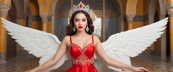 تصویر زن فرشته با تاج و لباس شب قرمز در دکوراسیون معماری سنتی