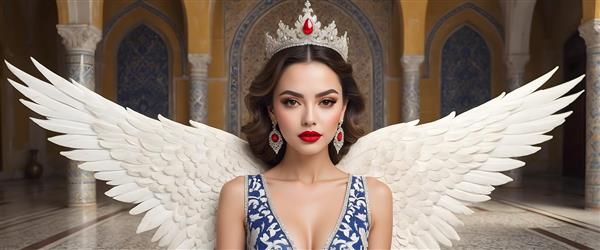 فرشته‌ای با تاج و لباس آبی طرح‌دار در فضایی با معماری ایرانی