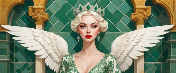 فرشته‌ای با تاج زمردین و بال‌های سفید در دکوراسیون سبز و طلایی
