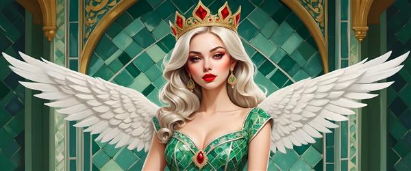 پرتره فرشته بلوند با تاج طلایی و بال‌های سفید در زمینه سبز