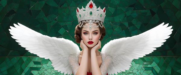 فرشته‌ای مرموز با تاج جواهر و بال‌های پهن سفید در زمینه سبز