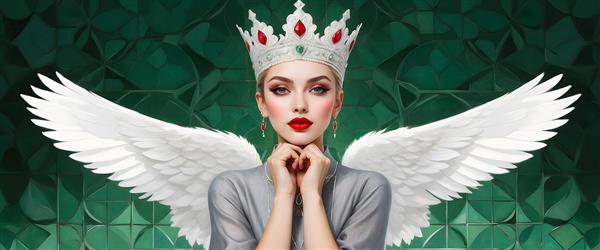 فرشته‌ای باوقار با تاج قرمز و بال‌های گسترده سفید در پس‌زمینه سبز
