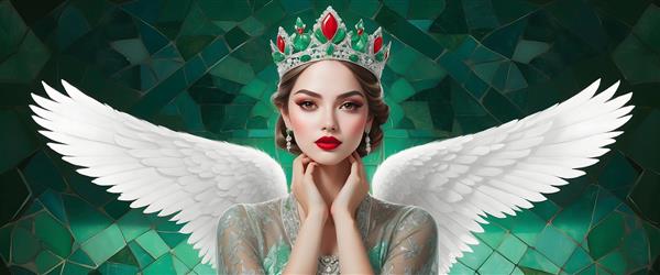 فرشته‌ای اثیری با تاج سبز و بال‌های روشن در پس‌زمینه کاشی سبز