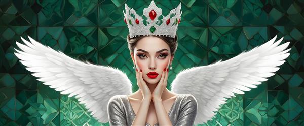 فرشته‌ای زیبا با تاج سلطنتی و بال‌های باشکوه در پس‌زمینه سبز