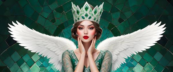 فرشته‌ای باشکوه با تاج زمرد و بال‌های سفید در پس‌زمینه سبز تیره