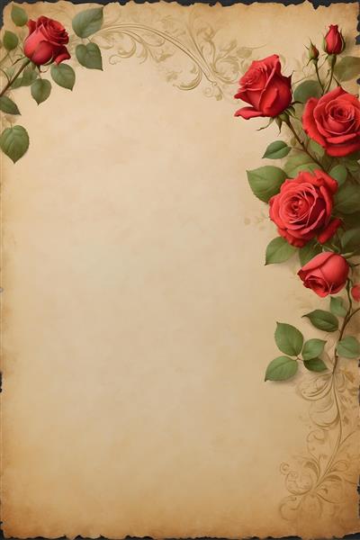 کاغذ کهنه با گل‌های رز قرمز و طرح اسکرول کلاسیک