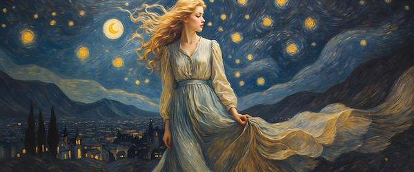 زن در لباس بلند در منظره شب پر ستاره