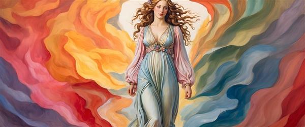 فرشته در حال قدم زدن در پس زمینه رنگین کمانی آبستره