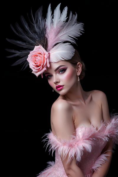 پرتره زن با کلاه رز صورتی و پرهای سفید و مشکی