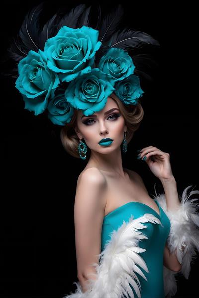پرتره زن شیک با چندین رز فیروزه‌ای و پر روی سر