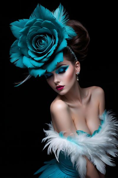 زن با کلاه رز بزرگ فیروزه‌ای و لباس پردار سفید