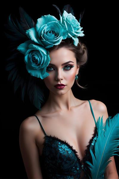 پرتره زن با کلاه رز فیروزه‌ای و آرایش دراماتیک