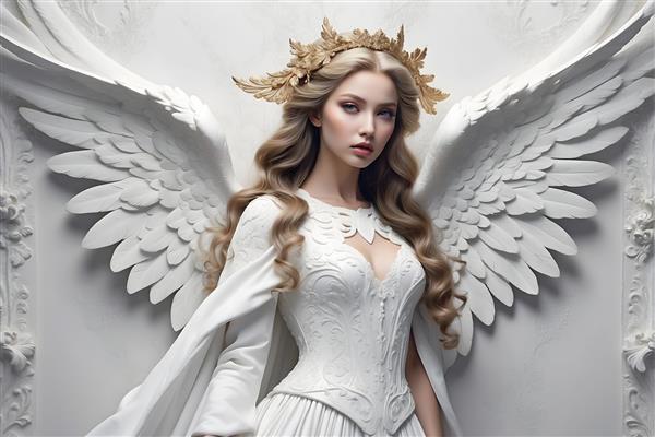 فرشته با تاج طلایی و بال‌های سفید، الهه با لباس بلند سفید