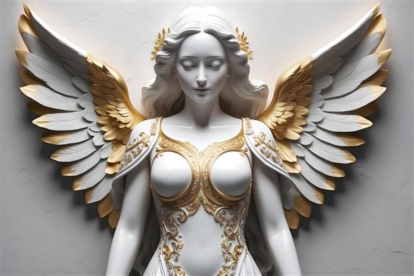 نقش برجسته فرشته سفید با بال‌های طلایی و لباس مزین به طلا