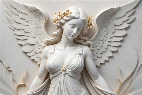 مجسمه نیم‌تنه فرشته سفید با تاج گل طلایی و بال، نقش برجسته