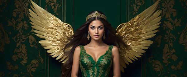 فرشته با بال‌های طلایی و لباس سبز تیره، الهه با شکوه و چشم‌نواز