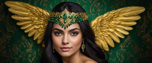 پرتره الهه با بال‌های طلایی و تاج زمرد، فرشته زیبا با جواهرات سبز