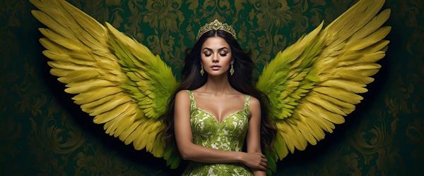 الهه با بال‌های سبز و طلایی و لباس سبز زمردی، فرشته با دست بسته