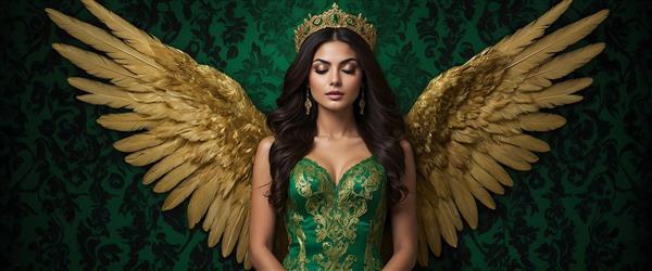 فرشته با بال‌های طلایی و لباس سبز تیره، الهه آرامش