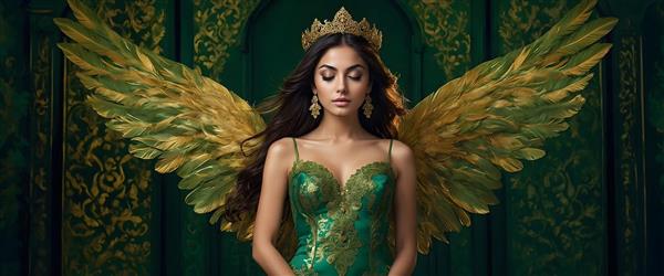 فرشته با بال‌های طلایی و لباس سبز فاخر، الهه با شکوه