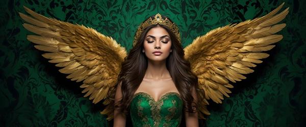 فرشته باشکوه با بال‌های طلایی و لباس سبز تیره، الهه با شکوه