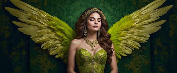 الهه با بال‌های سبز و طلایی و لباس سبز مجلسی، تصویرسازی فرشته