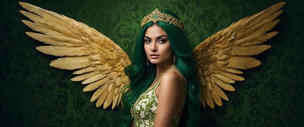 فرشته با موهای سبز و بال‌های طلایی و لباس سبز، الهه طبیعت با نگاه نافذ