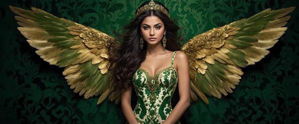 الهه جنگل با بال‌های سبز و طلایی و لباس سبز، تصویر هنری فرشته طبیعت