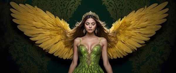 الهه با شکوه با بال‌های طلایی و لباس سبز سلطنتی، فرشته زمردین