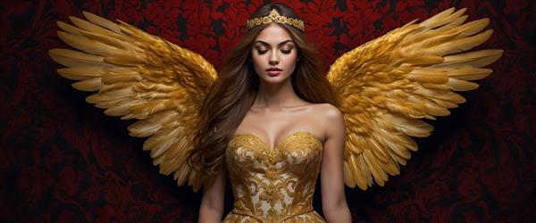 فرشته باشکوه با بال‌های طلایی و لباس طلایی، الهه سلطنتی