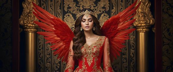 فرشته با بال‌های قرمز و لباس زرشکی و طلایی، تصویر الهه با تاج