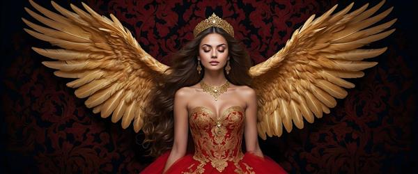 الهه با بال‌های طلایی و لباس قرمز سلطنتی، تصویر هنری فرشته