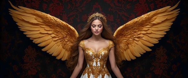 فرشته باشکوه با بال‌های طلایی و لباس سفید و طلایی، تصویر هنری الهه