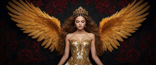 فرشته با بال‌های طلایی و لباس طلایی و سفید با تاج قرمز