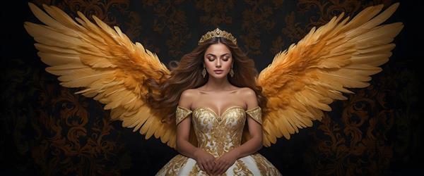 الهه با بال‌های طلایی و لباس طلایی و سفید در حالت دعا یا نیایش