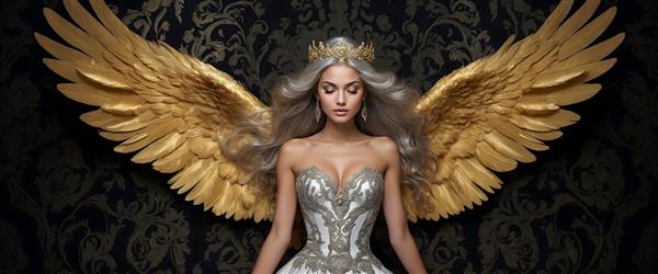 فرشته با موهای نقره‌ای و بال‌های طلایی، لباس سفید و طلایی