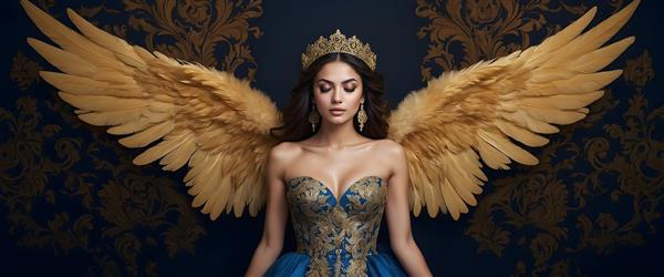 فرشته با بال‌های طلایی و لباس آبی و طلایی با تاج، در خلسه