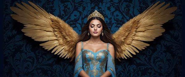الهه با بال‌های طلایی و لباس آبی فیروزه‌ای، در آرامش کامل