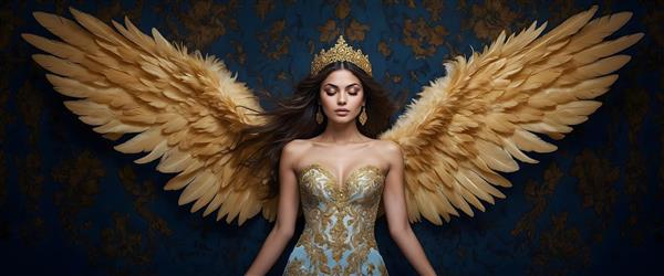 الهه بالدار با بال‌های طلایی و لباس آبی و طلایی، زیبایی و آرامش