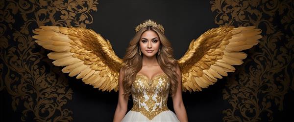 فرشته با شکوه با بال‌های طلایی و لباس طلایی و سفید، تصویر هنری