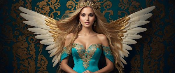 فرشته تاج‌دار بلوند با بال‌های طلایی و لباس فیروزه‌ای مجلل
