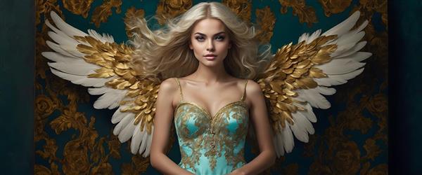 فرشته با موهای بلوند و بال‌های طلایی در لباس فیروزه‌ای مجلل