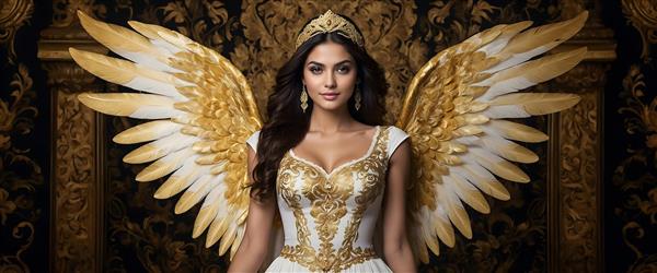 فرشته شاهزاده‌خانم با بال‌های طلایی و لباس عروس در پس‌زمینه کلاسیک