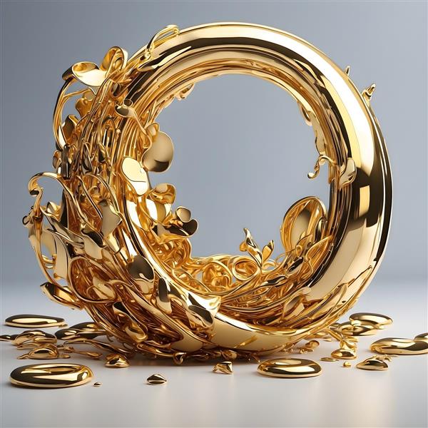 حلقه طلایی آب‌نما با قطرات و پاشش‌های طلایی، طرح سه‌بعدی