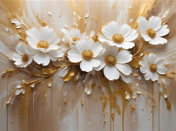 تابلو هنری گل‌های سفید برجسته با شاخه‌های طلایی و قطره‌های رنگ