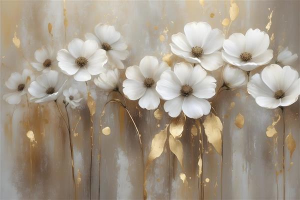 طرح هنری گل‌های سفید برجسته با برگ‌های طلایی و پس‌زمینه بژ