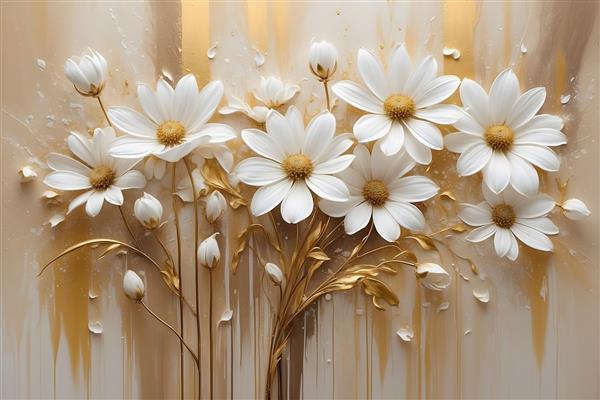 نقاشی سه بعدی گل‌های سفید با شاخه‌های طلایی و قطرات رنگ
