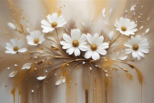 طرح نقاشی گل‌های بابونه سفید با جلوه‌های طلایی و بافت برجسته