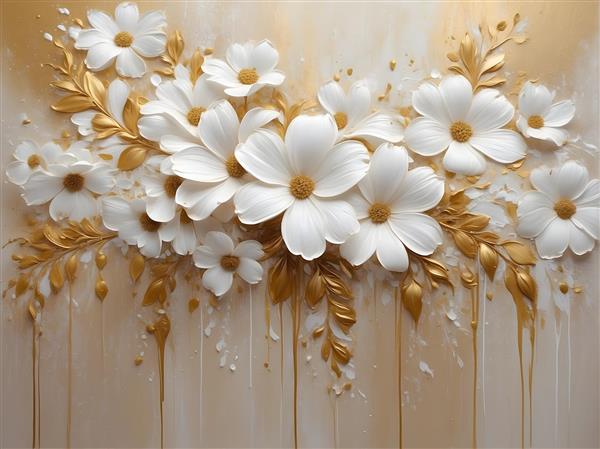 طرح هنری گل‌های سفید برجسته با برگ‌های طلایی و پس‌زمینه کرم