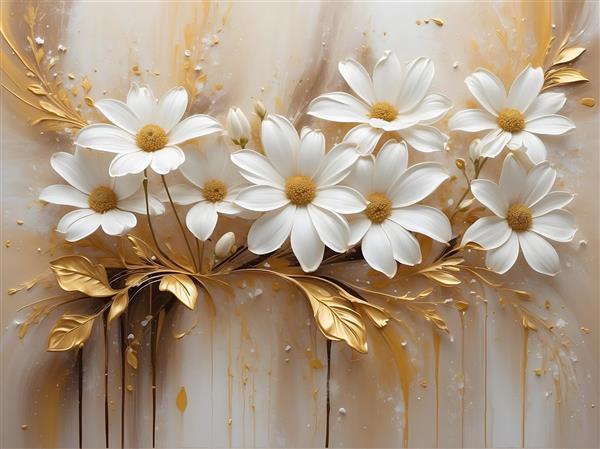 نقاشی هنری گل‌های سفید و برگ‌های طلایی با قطره‌های رنگ